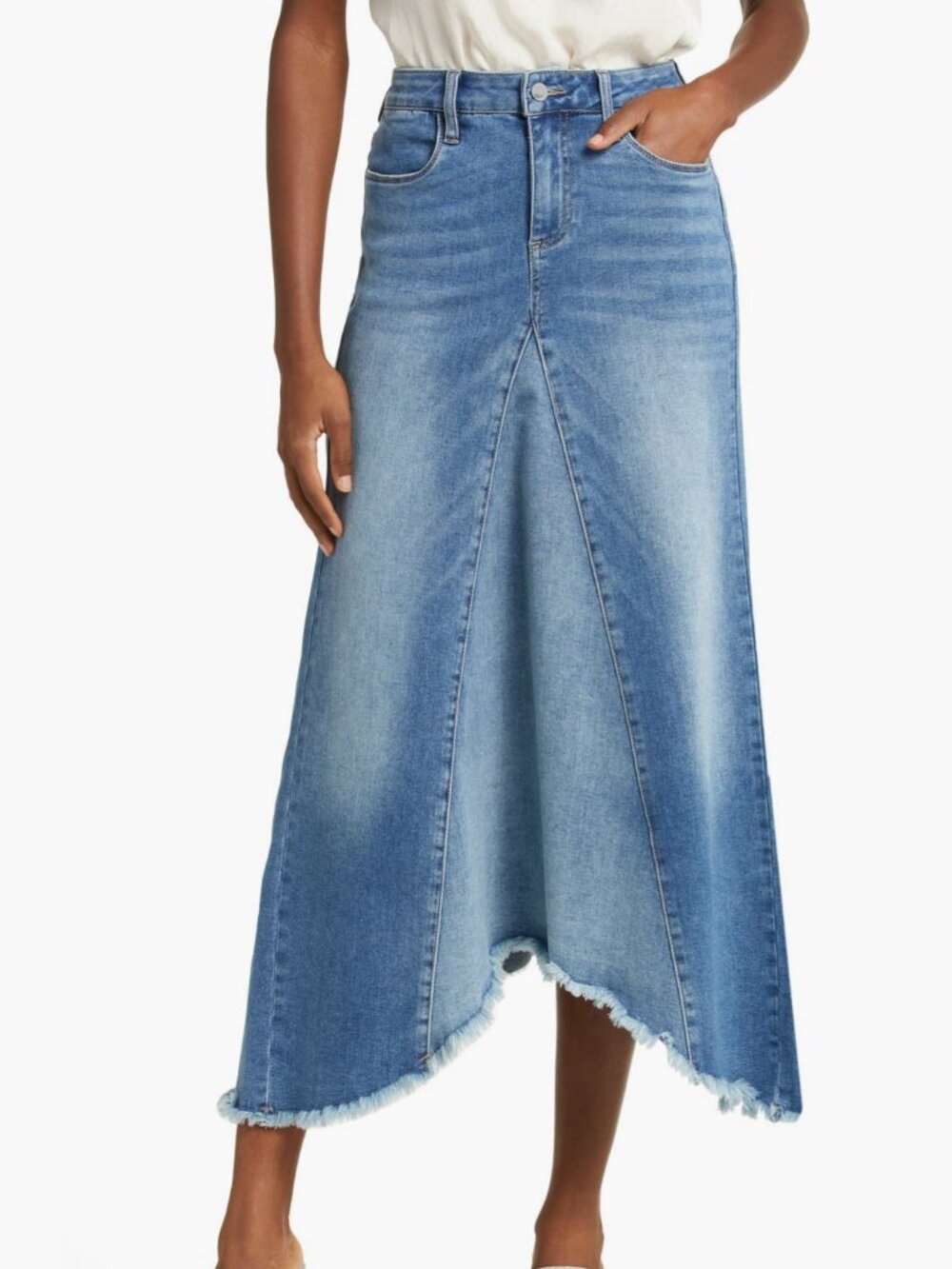 Wash Lab Denim Selma Asymmetrical Midi Skirt Frayed Hem A-Line Size 32